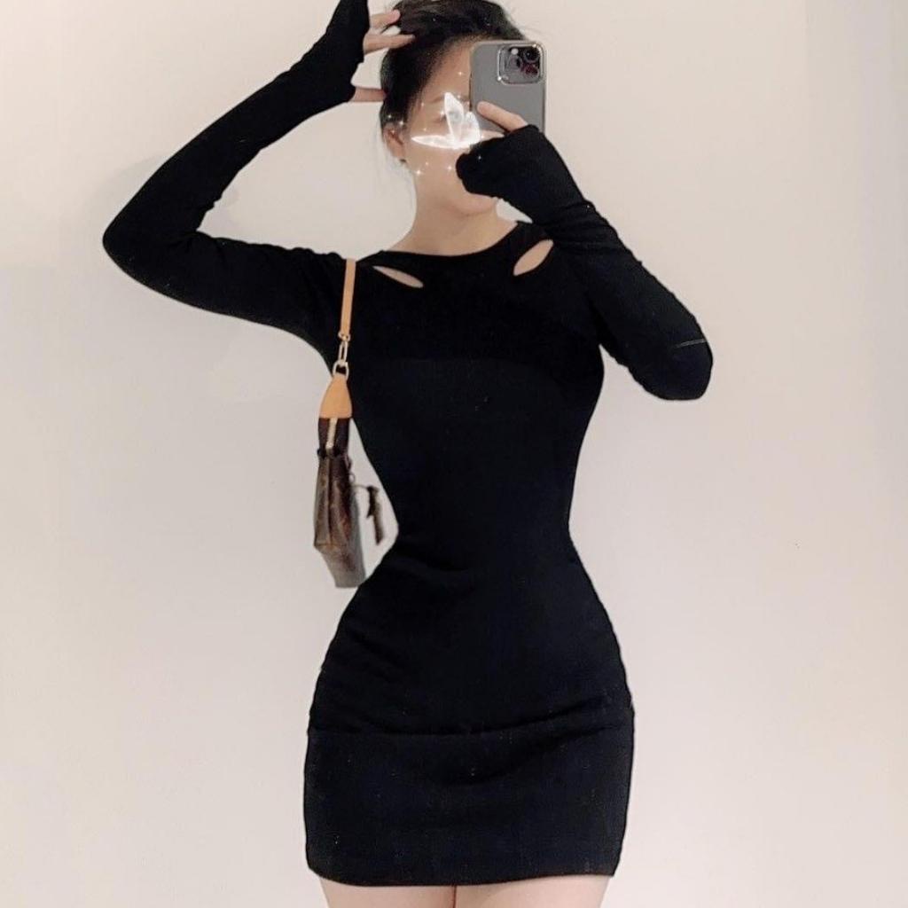Đầm ôm body tay dài khoét vai sexy Xquin, Váy ôm body 2 màu đỏ đen thời trang Noel