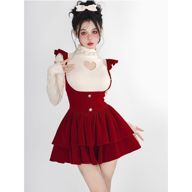 Set Áo Sơ Mi Cổ Cao Kèm Váy Yếm Màu Trơn Phong Cách Mới Cho Nữ