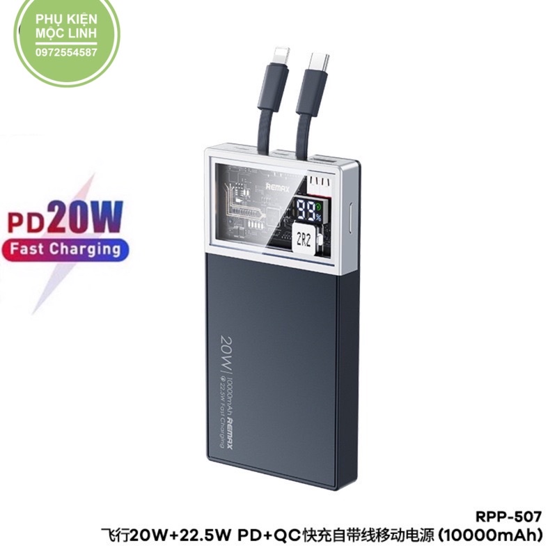 SẠC DỰ PHÒNG RE.MAX RPP 507 - SẠC NHANH 20W - DUNG LƯỢNG 10000mah - TÍCH HỢP 2 DÂY SẠC