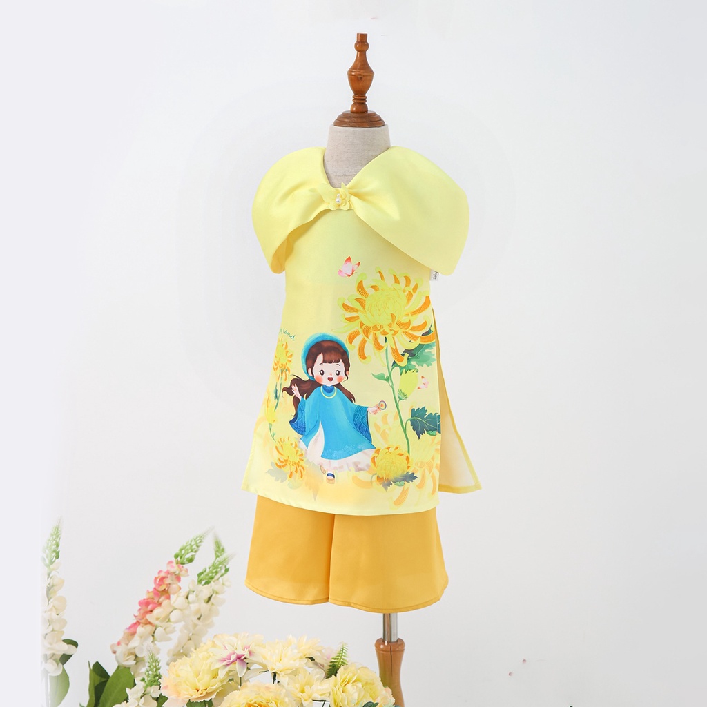 Set áo dài bé gái vải Tafta hoạ tiết hoa cúc Ilaby AG004