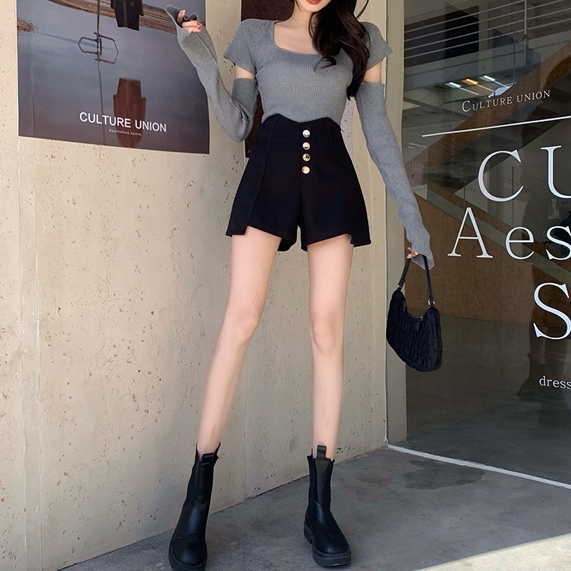 IELGY  IELGY Quần Short Đen Lưng Cao Dáng Chữ a Thời Trang Cho Nữ