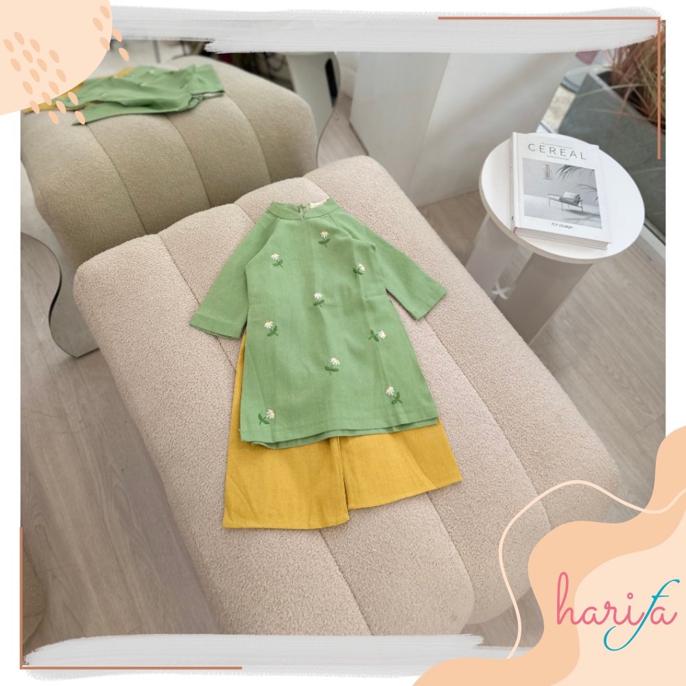 BADT010 Áo dài bé gái - chất liệu linen thêu tay - hoa tiết hoa lác đác - 1-6 tuổi