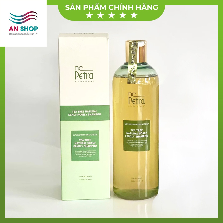 Dầu gội trà tràm kiềm dầu cho da nhạy cảm, dưỡng tóc khô xơ rối Petra Tea Tree Natural Scalp Family Shampoo 520ml