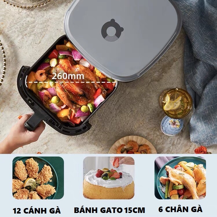 Nồi Chiên Không Dầu Bear 5 Lít cao cấp, màn hình cảm ứng công suất 1550W, có đèn