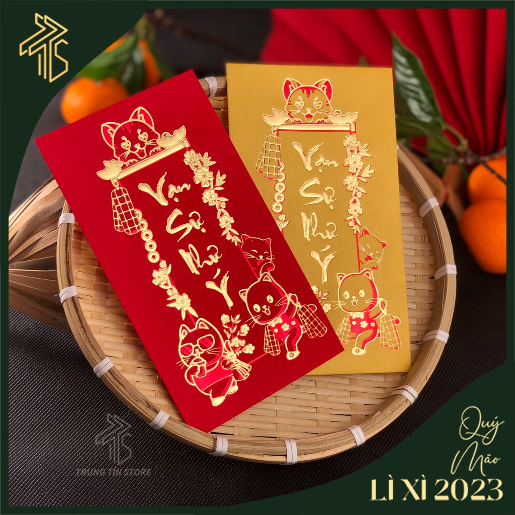 Lì xì đỏ chúc mừng, mừng thọ người lớn tuổi chủ đề Vạn Sự Như Ý họa tiết ép kim trên nền giấy mỹ thuật