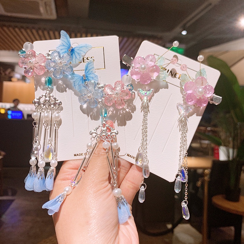 Trâm Cài Tóc Hình Bướm Phối Tua Rua Phong Cách Hán Phục Cổ Điển Cho Bé Gái