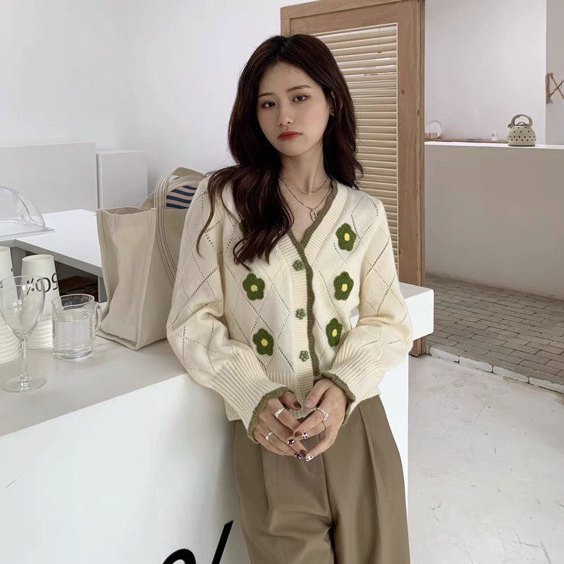 Áo cardigan nữ thời trang quảng châu phối màu đen trắng họa tiết hình trám dễ thương min.strore365