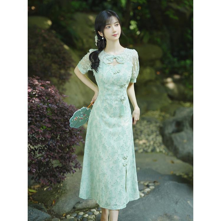 [Hoa Nổi Ba Chiều] Đầm Sườn Xám Cách Tân Nhẹ Nhàng Phong Cách Cộng Hòa retro Pháp Phối Ren Thanh Lịch Trẻ Trung styl