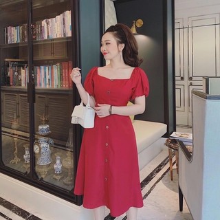 Đầm đỏ cổ vuông basic (kèm hình thật)