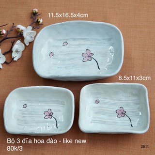 Bộ 3 đĩa hoa đào hình chữ nhật méo - gốm sứ nhật bản