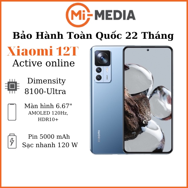 Điện thoại Xiaomi 12T MediaTek Dimensity 8100 Ultra Pin 5000 mAh Sạc nhanh 120w