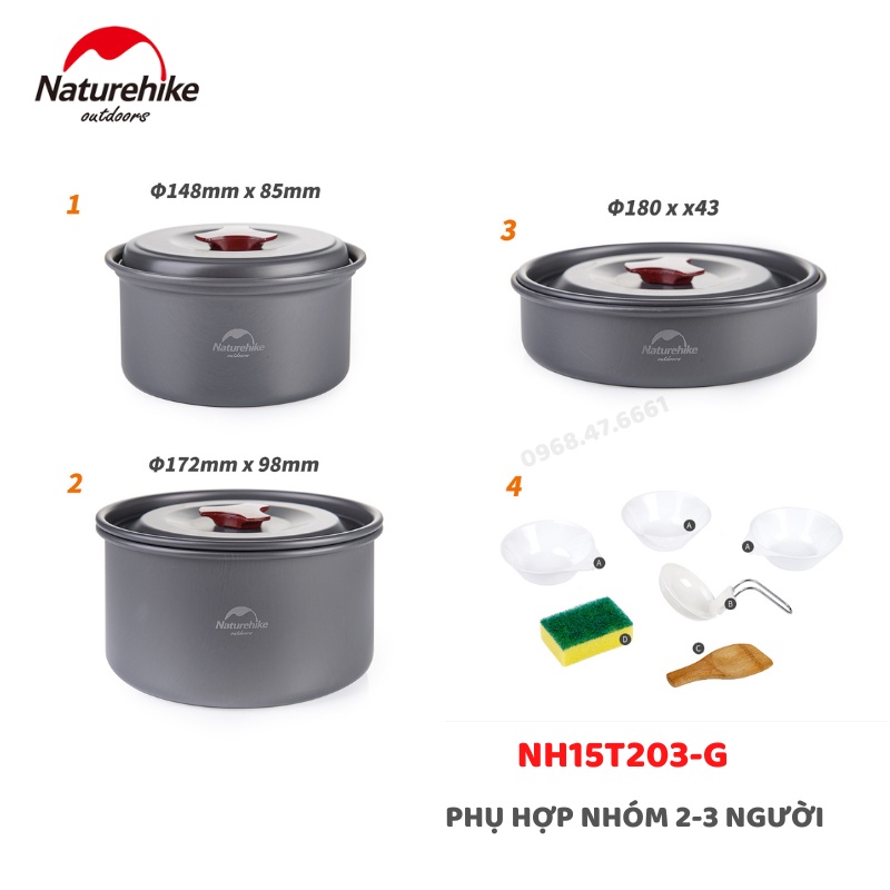 BỘ NỒI DÃ NGOẠI CHO 2-3 NGƯỜI NATUREHIKE NH15T203-G