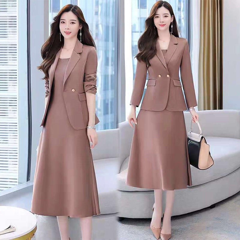 Bộ Áo Khoác + Đầm Hai Dây Phong Cách Hàn Quốc Thời Trang Thu Đông Cho Nữ Cỡ M-4xl