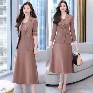 Bộ Áo Khoác + Đầm Hai Dây Phong Cách Hàn Quốc Thời Trang Thu Đông Cho Nữ Cỡ M-4xl