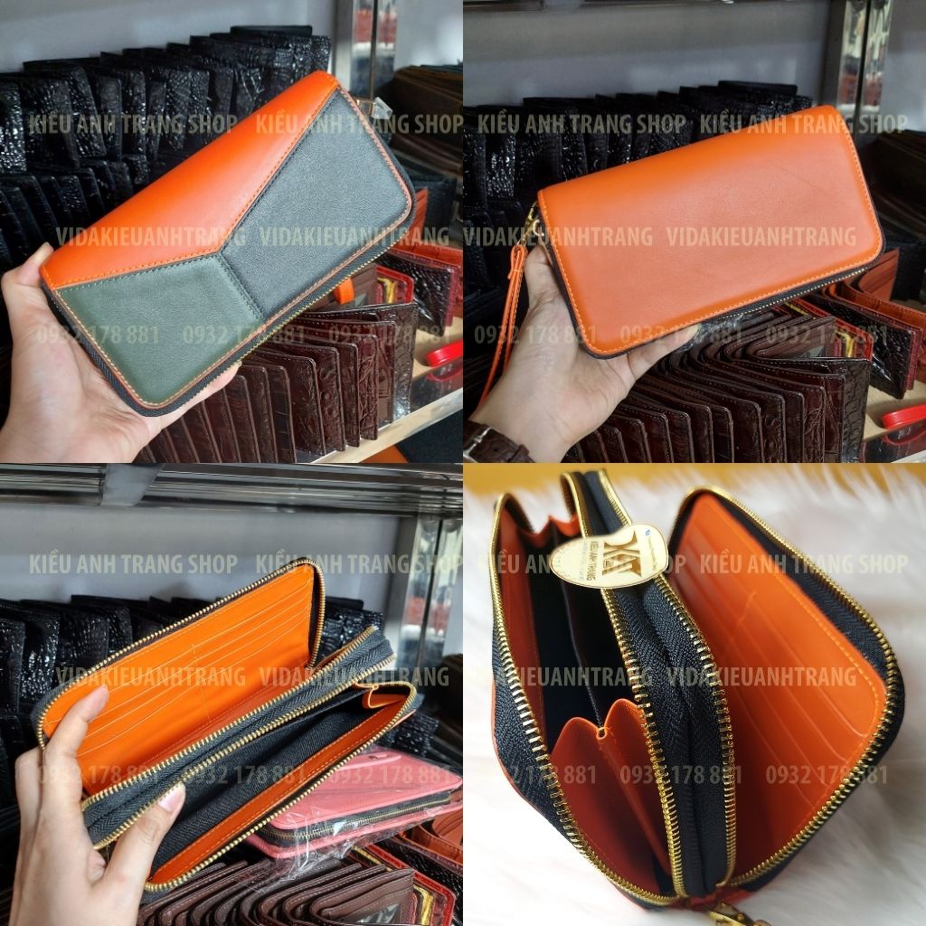 Ví cầm tay nữ DA BÒ THẬT 100% - Clutch 2 khóa da bò chân kim phối màu phong cách trẻ trung-VIDAKIEUANHTRANG
