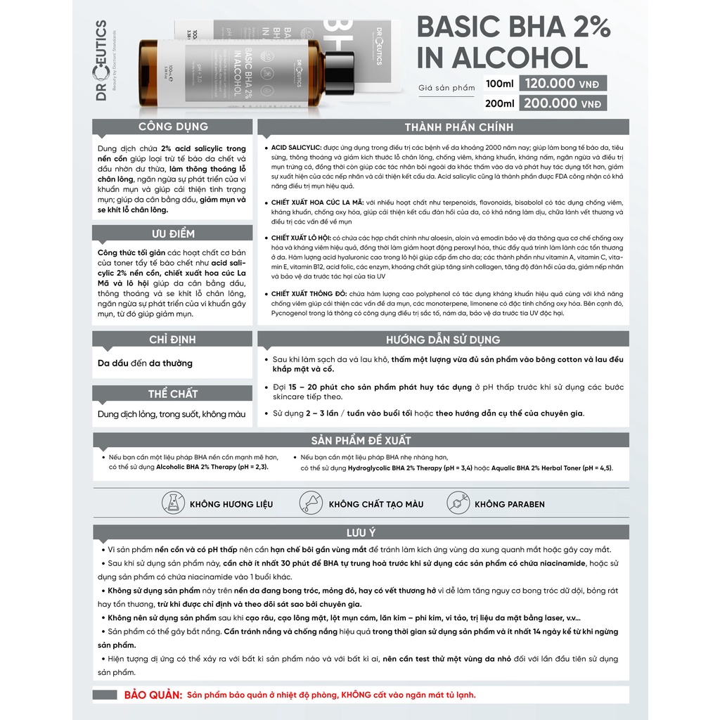 Tẩy tế bào chết DrCeutics BHA 2% dung dịch làm sạch và cân bằng da 200ml