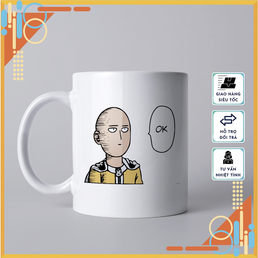 Cốc sứ in hình Saitama meme, cốc sứ One-Punch Man tráng men dùng làm quà tặng, uống nước hàng ngày