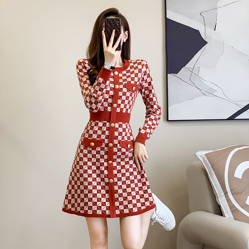 Xiaoxiang Đầm Dệt Kim Tay Dài Dáng Chữ A Ôm Eo Phong Cách Phương Tây Thời Trang Mùa Thu Dành Cho Nữ
