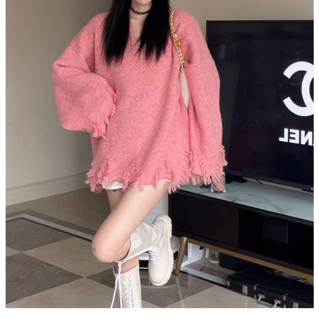 Áo Sweater Dệt Kim Cổ Chữ V Dáng Rộng Phối Tua Rua Phong Cách Hàn Quốc Thời Trang Thu Đông Cho Nữ
