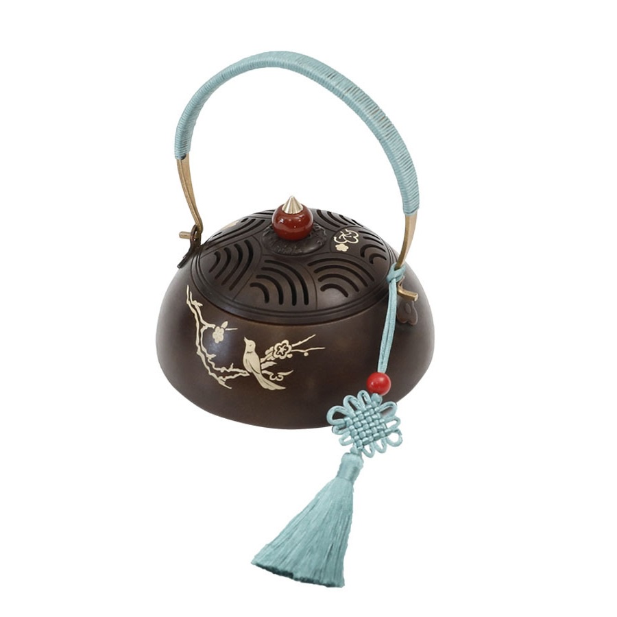 Lư hương xông trầm bằng đồng đúc nguyên khối, thân khắc họa tiết chim Họa My