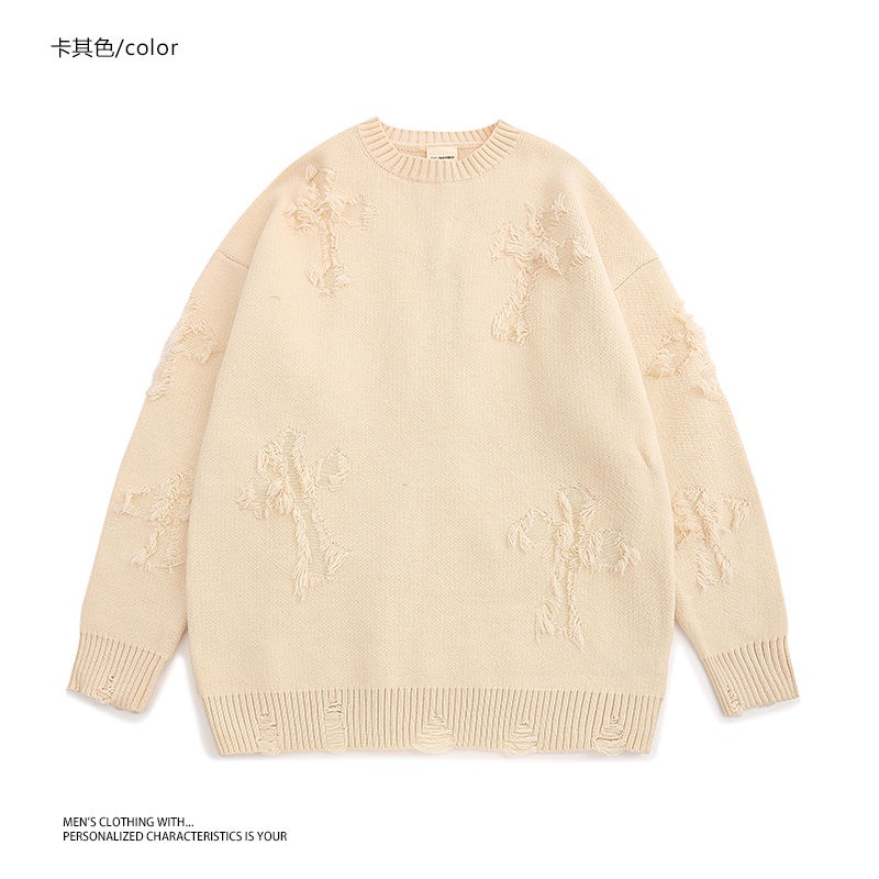 IMaodou Áo khoác sweater iMaodou cổ tròn dáng rộng thiết kế rách thời trang thu đông cho nam giới