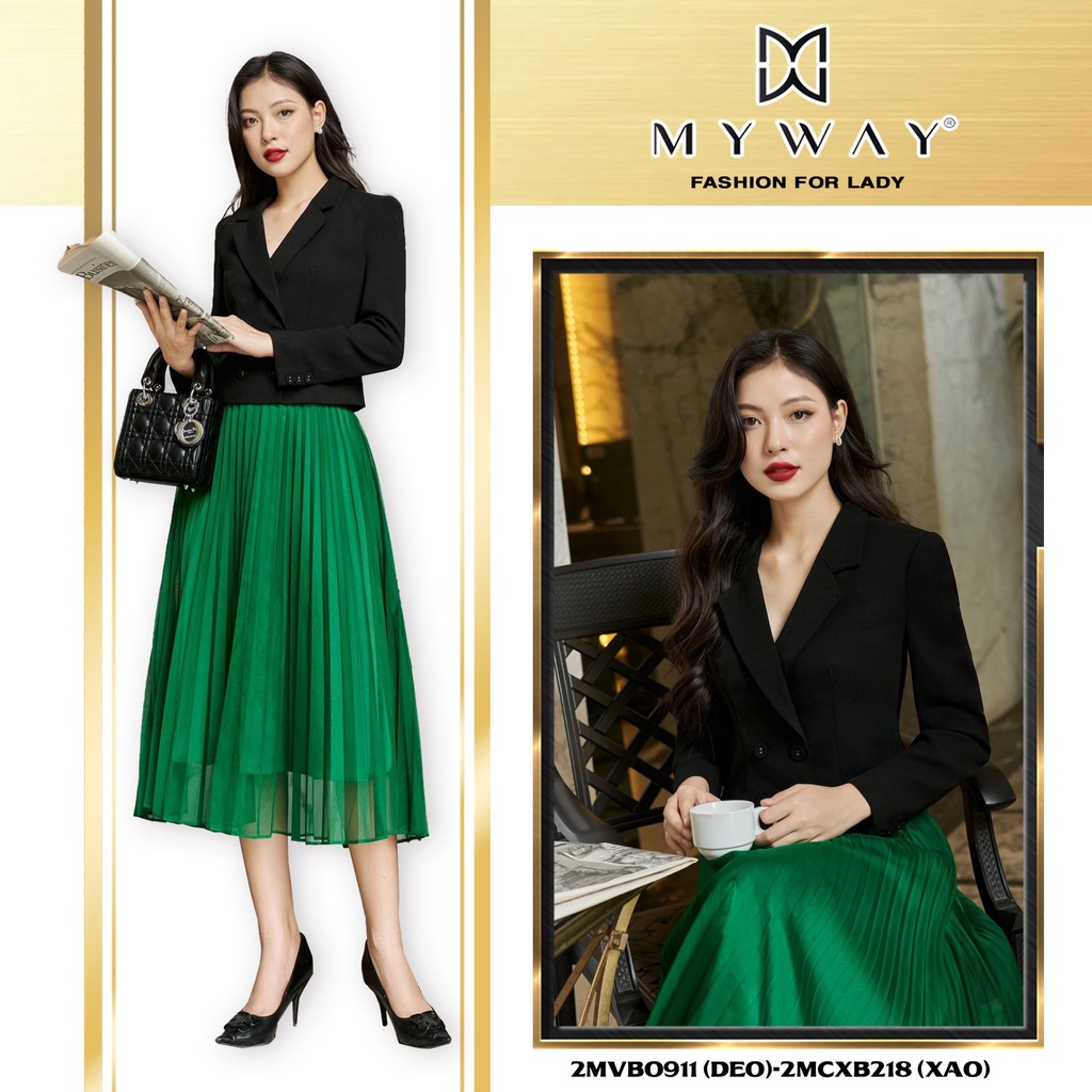 SET ÁO VEST MY WAY DÀI TAY VẠT CHÉO DÁNG NGẮN CHÂN VÁY XÒE XẾP LY 2MVB0911 - 2MCXB218