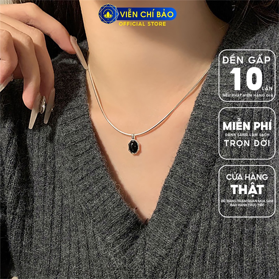 Dây chuyền bạc nữ trơn to mặt đá đen chất liệu bạc 925 thời trang phụ kiện trang sức Viễn Chí Bảo D000261