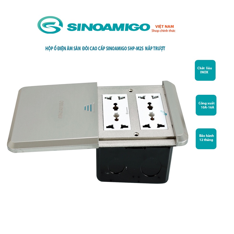 Ô cắm điện âm sàn nắp trượt Sinoamigo SHP-M2S inox màu bạc chính hãng (lắp 2 modules, 4 modules)
