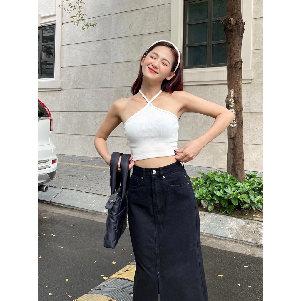 Chân váy jeans HEYBEE xẻ tà giữa  - MIDI JEANS SKIRT HJ1355