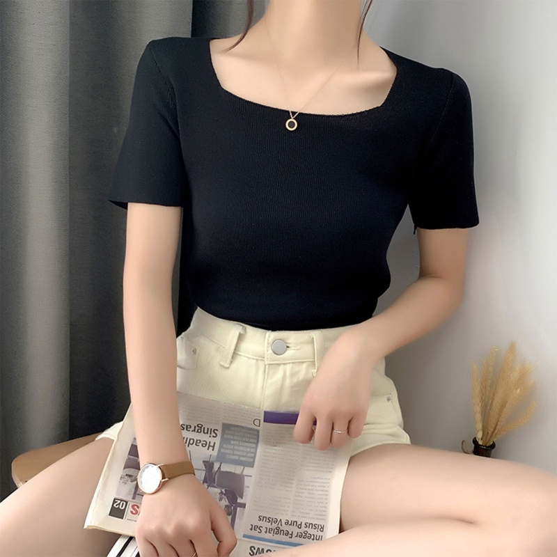 Áo Thun Dệt Kim Tay Ngắn Cổ Vuông Màu Sắc Đơn Giản Thời Trang Cho Nữ