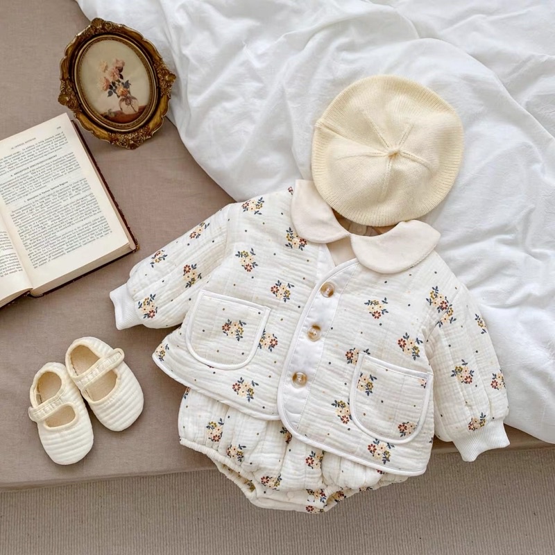 bộ yếm quần + áo khoác cho bé, yếm romper mùa đông, áo khoác phao trần bông cho bé
