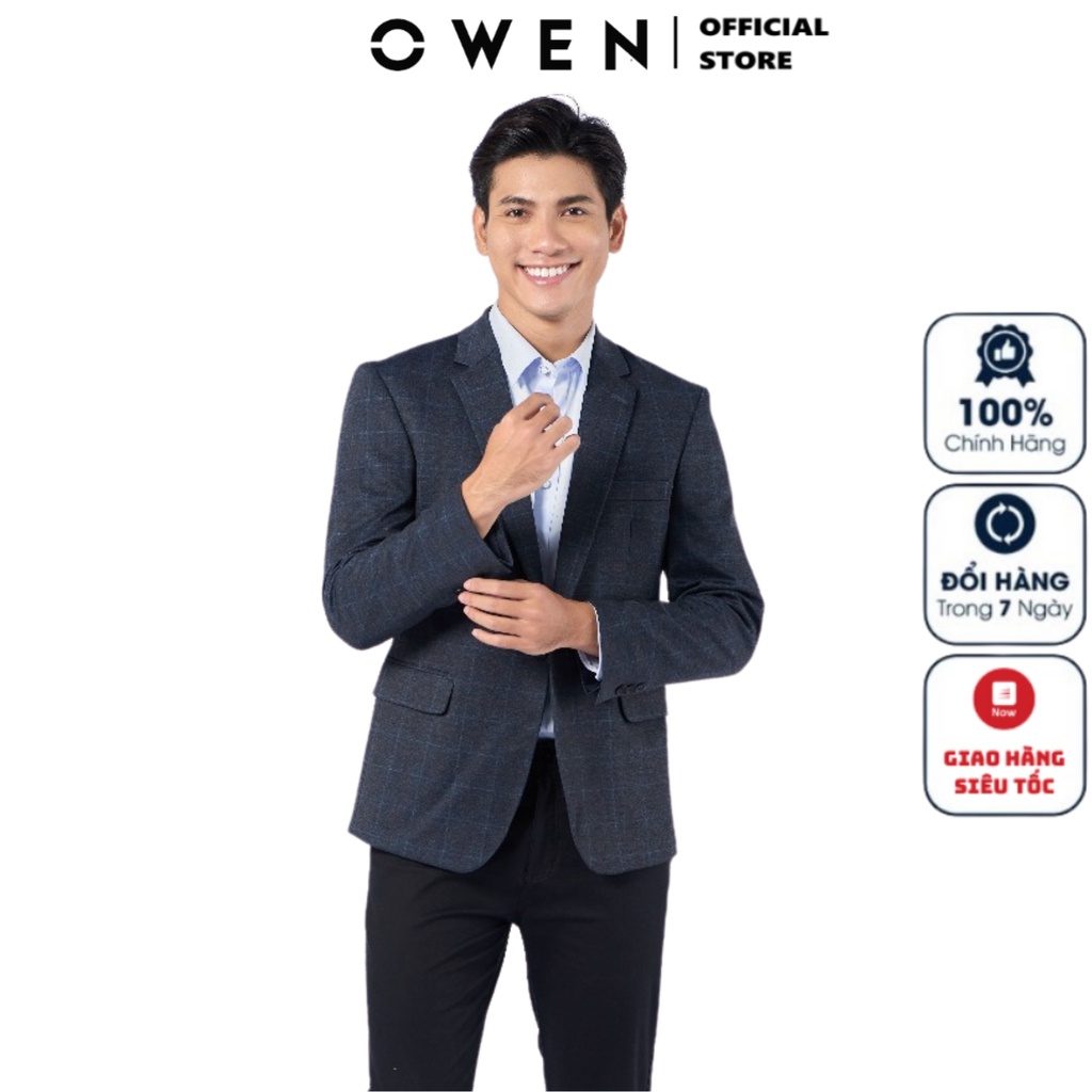 Áo khoác blazer nam Owen BL220696 vest demi công sở kẻ caro ghi đậm vải polyester cao cấp nhẹ thoáng dáng regular fit