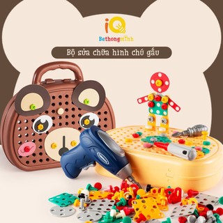 Bộ đồ chơi kỹ sư lắp ráp hình con vật xếp hình sửa chữa vặn ốc vít kèm khoan điện cho bé sáng tạo tư duy BeThongMinh