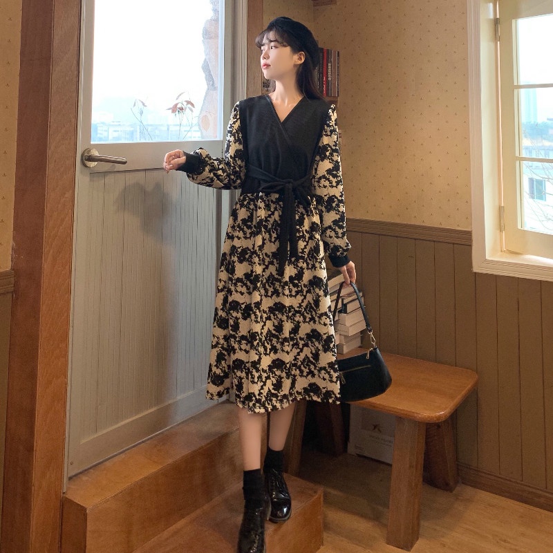 Đầm Hoa Tay Phồng Lưng Cao Thời Trang Mùa Thu Hàn Quốc Cho Nữ