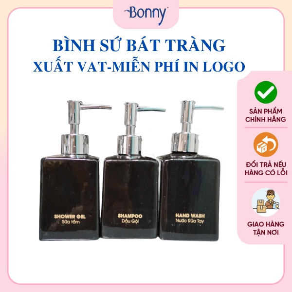 Bình sứ đựng nước rửa tay, lọ sứ đựng dầu gội, sữa tắm gốm sứ Bát Tràng cao cấp, bình dáng vuông đá đen 300ml