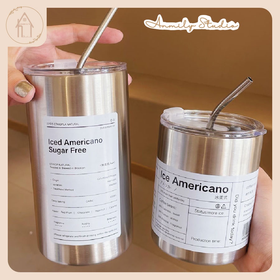 Cốc giữ nhiệt văn phòng ANMILY CUP Iced Americano 600ml bằng thép không gỉ 304 có ống hút kèm theo | tặng sticker 2D