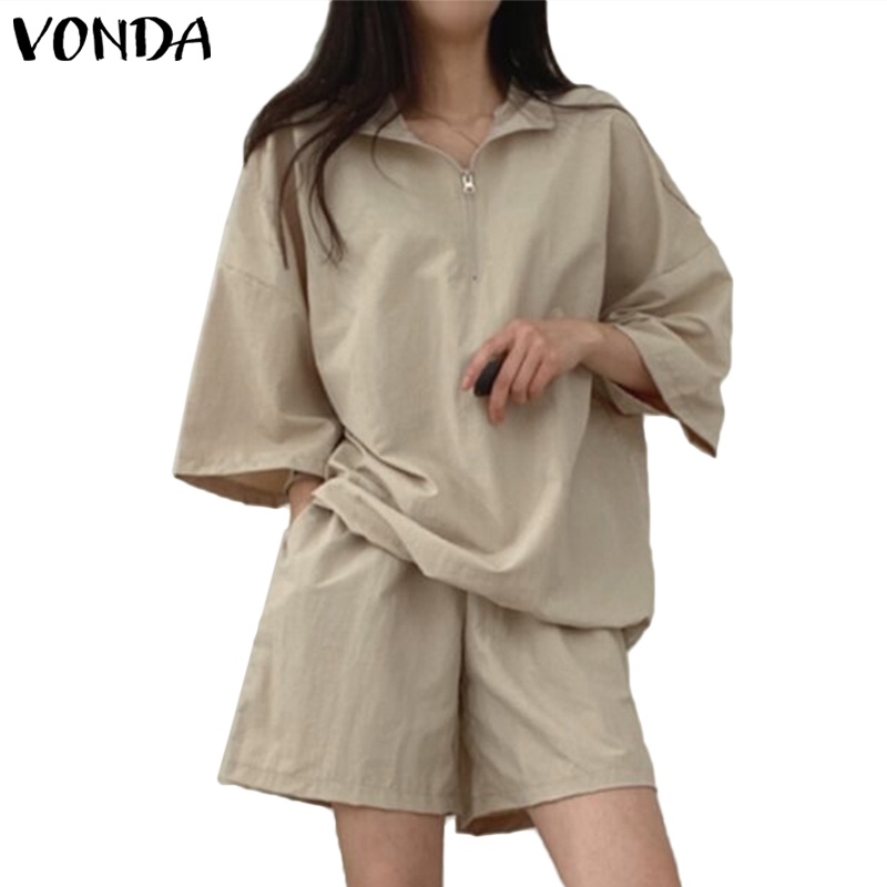 Bộ đồ VONDA gồm áo tay loe 3 / 4 cổ bẻ khóa kéo + quần short lưng thun thời trang Hàn Quốc cho nữ