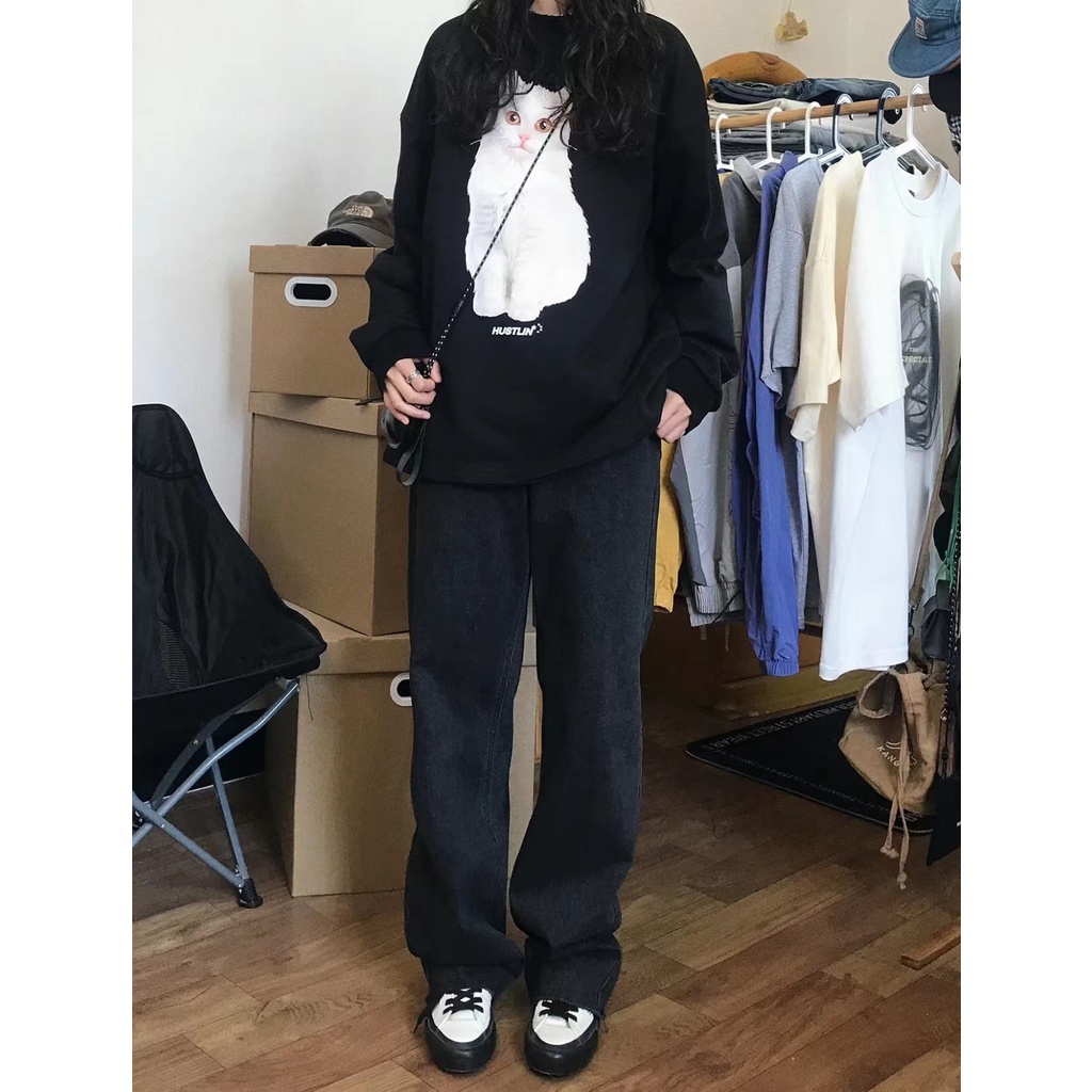 SALMO Áo Sweater in hình dễ thương con mèo trắng thời trang nữ hàn quốc oversize ulzzang 100% cotton