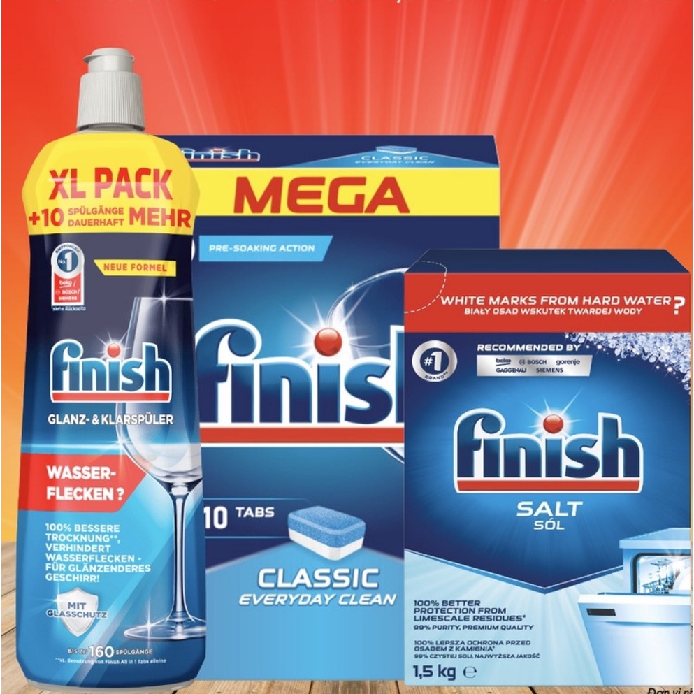 Combo viên rửa bát Finish Classic 110 tabs + Muối finish1.5kg + Nước trợ xả làm bóng bát finish 800ml nhập khẩu EU