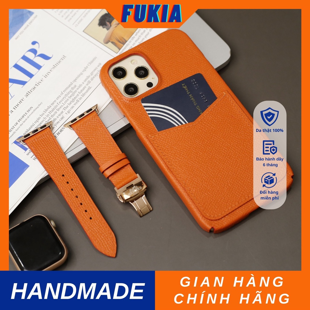 Combo dây và ốp da thủ công Full viền Epsom Cam dành cho Đồng hồ thông minh/ Đồng hồ cơ và Iphone CB030