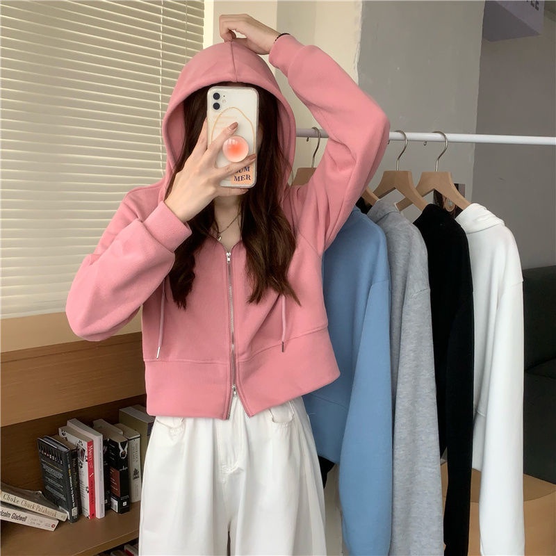 Áo Khoác Cotton Màu Trơn Có Nón Trùm Và Khóa Kéo Phong Cách Hàn Quốc Cho Nữ