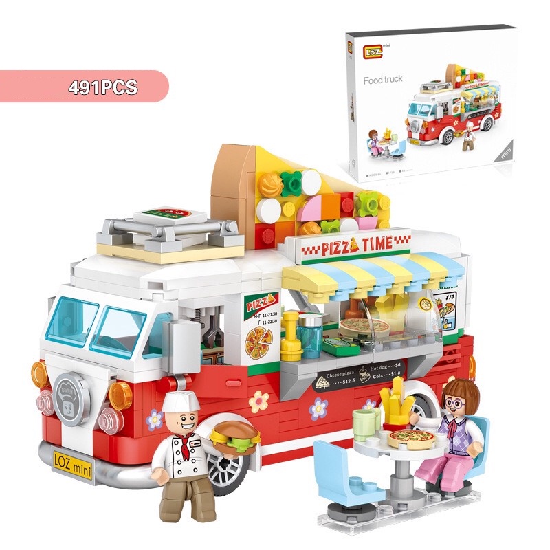 Bộ mô hình lắp ráp các mẫu xe ô tô đồ ăn Loz: Fruit Truck-Dessert Car-Pizza Truck-Coffee Truck