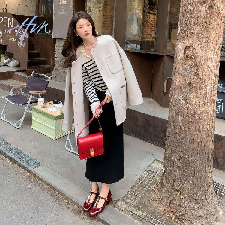 Giày cao gót da mũi tròn phối dây chữ T phong cách Pháp retro