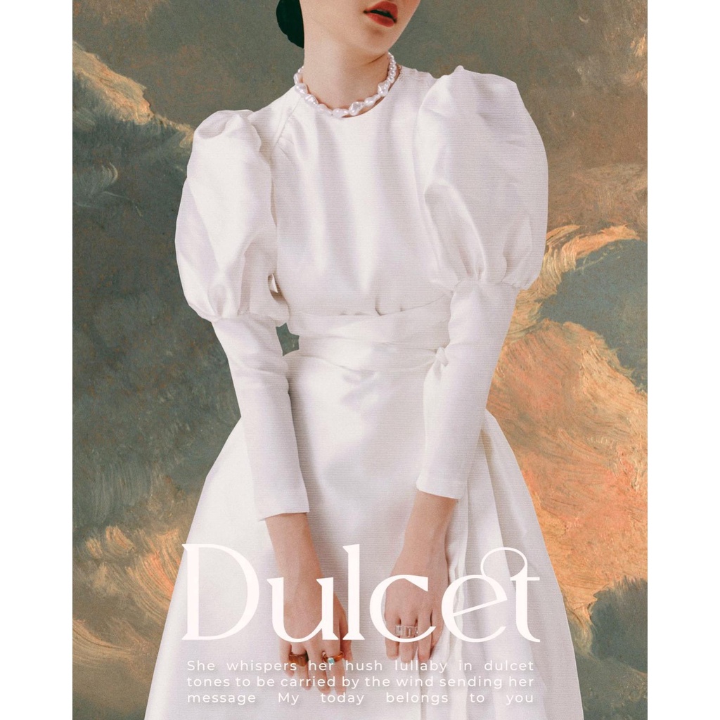 Đầm dài tay phồng cổ điển The Country Dulcie Retro Dress vải crepe trắng