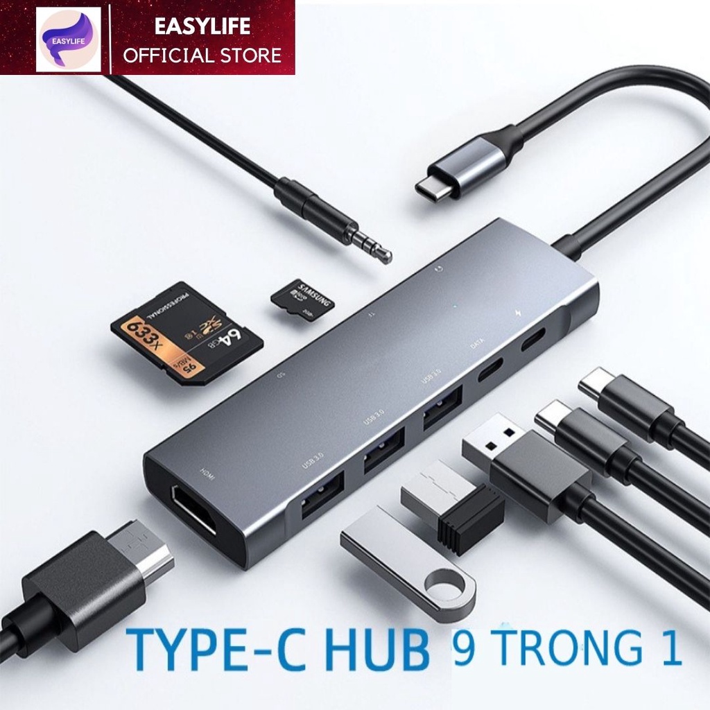 Bộ chia Hub USB Type C ra 9 Cổng USB 3.0, HDMI, sạc nhanh PD, thẻ nhớ SD, TF, audio tai nghe 3.5mm