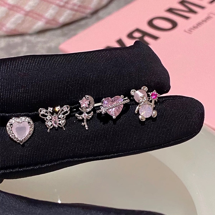 Ahellogirl Bông Tai Hình Trái Tim Đính Đá Zircon Hồng Thời Trang Hàn Quốc Cho Nữ
