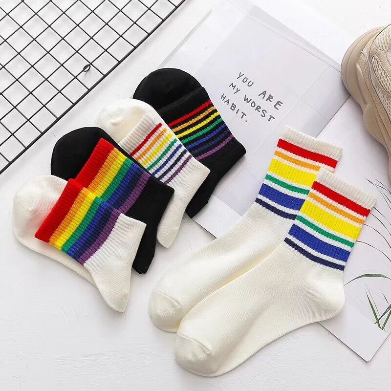 Vớ Cotton Cổ Cao Họa Tiết Kẻ Sọc Nhiều Màu Sắc Phong Cách Hàn Quốc Thời Trang Thu Đông Cho Nữ