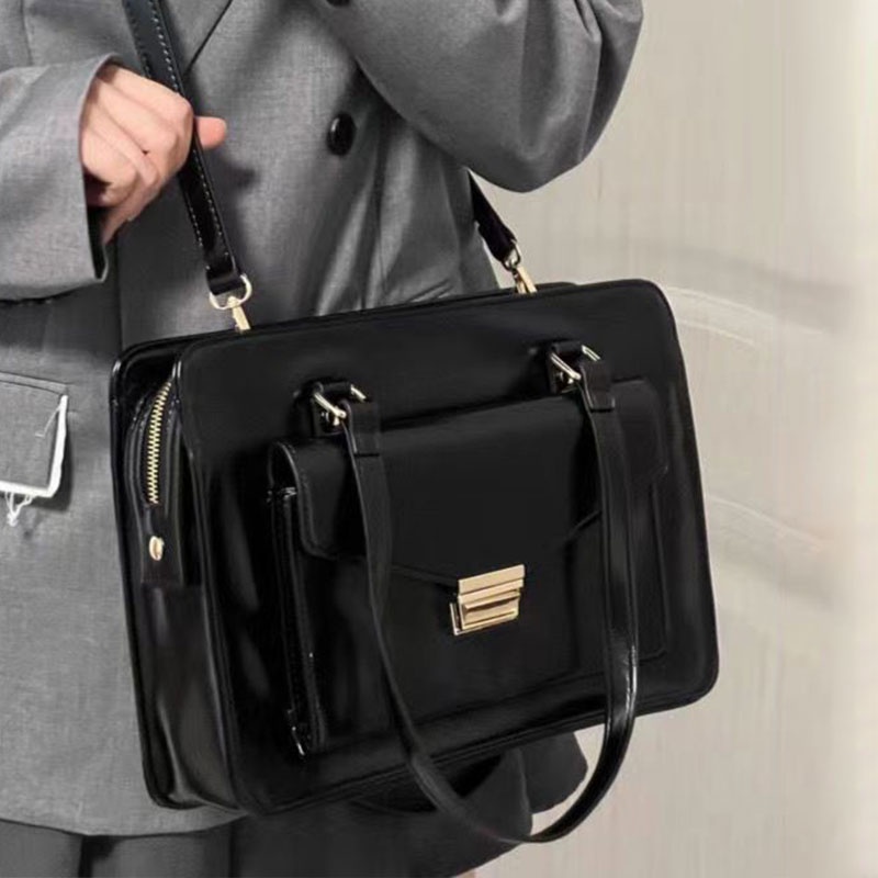 SHI CHEN Túi Xách Da pu Bóng Màu Đen Bóng Thời Trang vintage Nhật Bản Giản Dị Đa Ứng Dụng