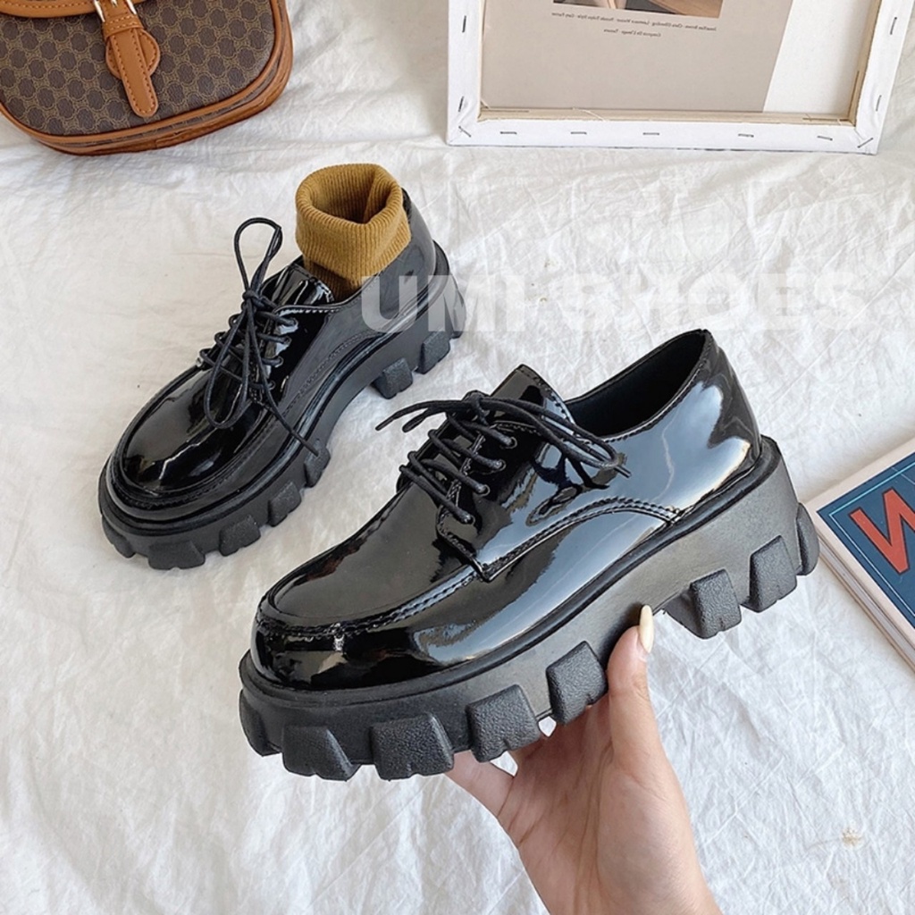 Giày Lolita Nữ Dáng Oxford anh quốc đế cao to răng cưa da bóng/trơn mũi vuông thời trang Hàn quốc Đi học