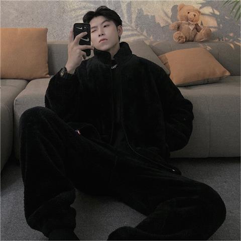 Bộ Đồ Ngủ Vải Lông Cừu San Hô Dày Dặn Thời Trang Thu Đông Cho Nam